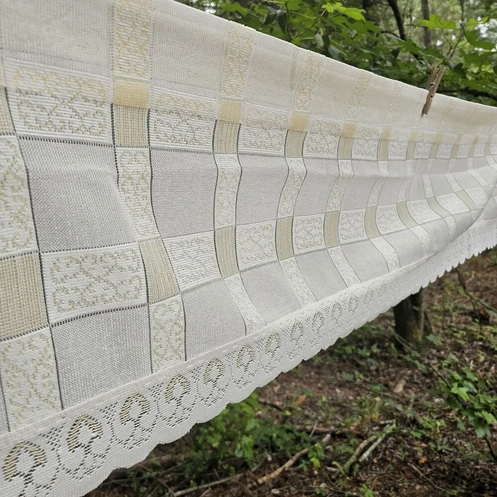Vintage Cream & Butter Yellow Checkered Sheer Lace Valance - Cottage, Grannycore